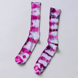 Pink and white tie dye crew socks made from soft bamboo rayon for stylish clothing