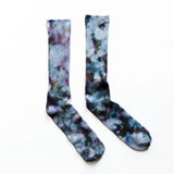 Tie-dyed socks in blue, black, and purple made from bamboo rayon clothing