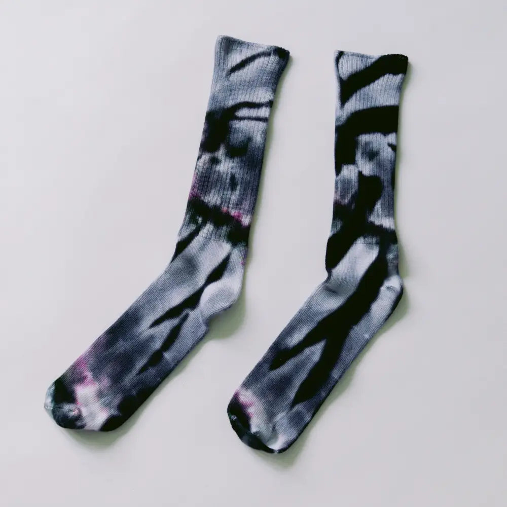 Pair of black and white tie-dyed socks made from soft bamboo rayon clothing