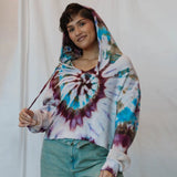 Sophie Pullover in tie-dyed burgundy, turquoise, and white spiral patterns