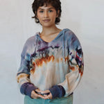 Sophie Pullover tie-dyed ribbed hoodie with blue, orange watercolor patterns in waffle knit