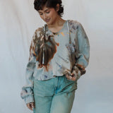 Tie-dyed Sophie Pullover in muted blue and brown with light turquoise waffle knit jeans