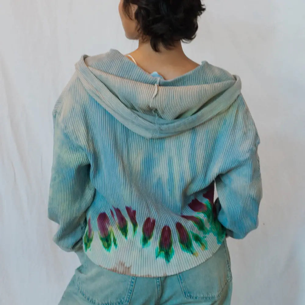 Sophie Pullover tie-dyed turquoise waffle knit hoodie with pink and green accents