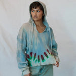 Tie-dyed turquoise white Sophie pullover with fan-like pattern in waffle knit design