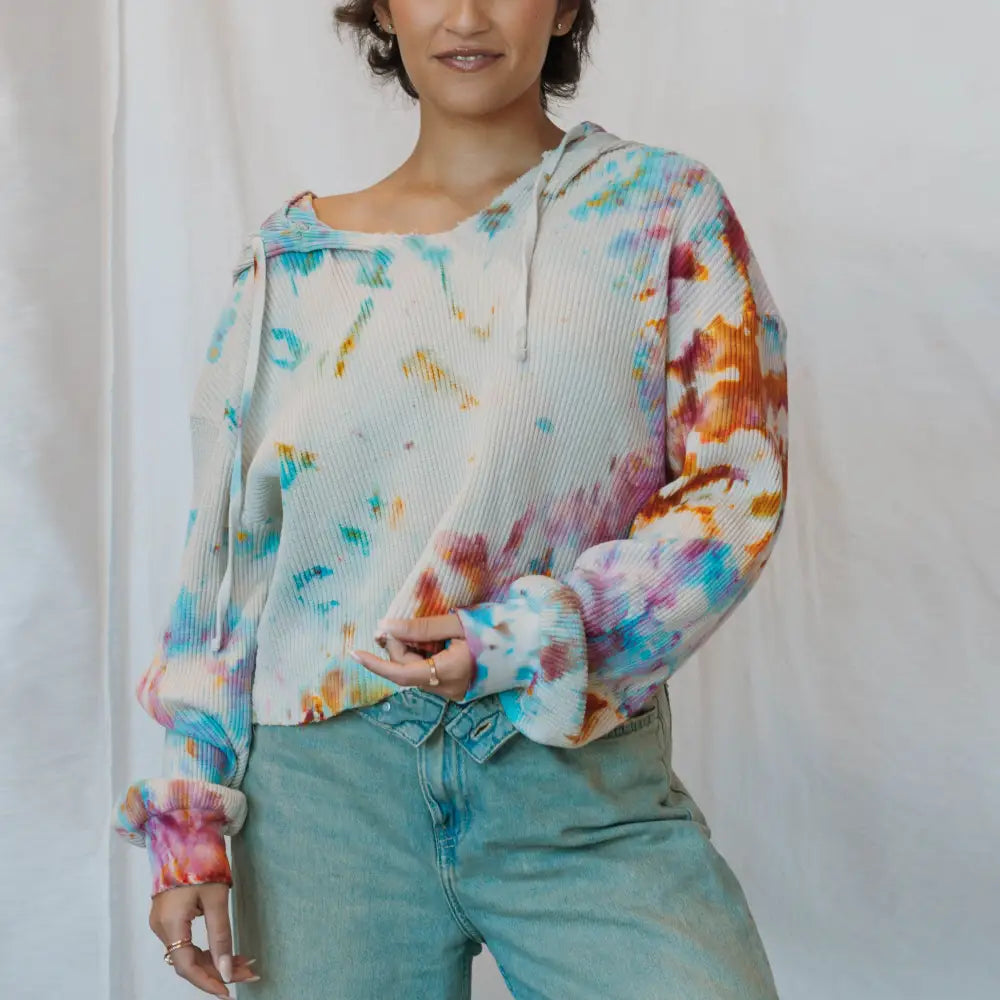 Sophie Pullover in tie-dyed turquoise, orange, and pink with waffle knit design