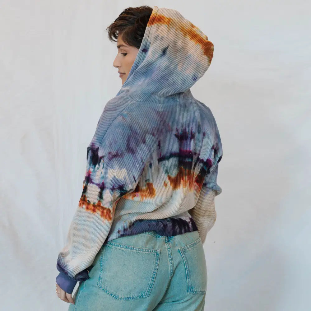 Sophie pullover tie-dyed cropped hoodie in blue, orange, and purple watercolor patterns