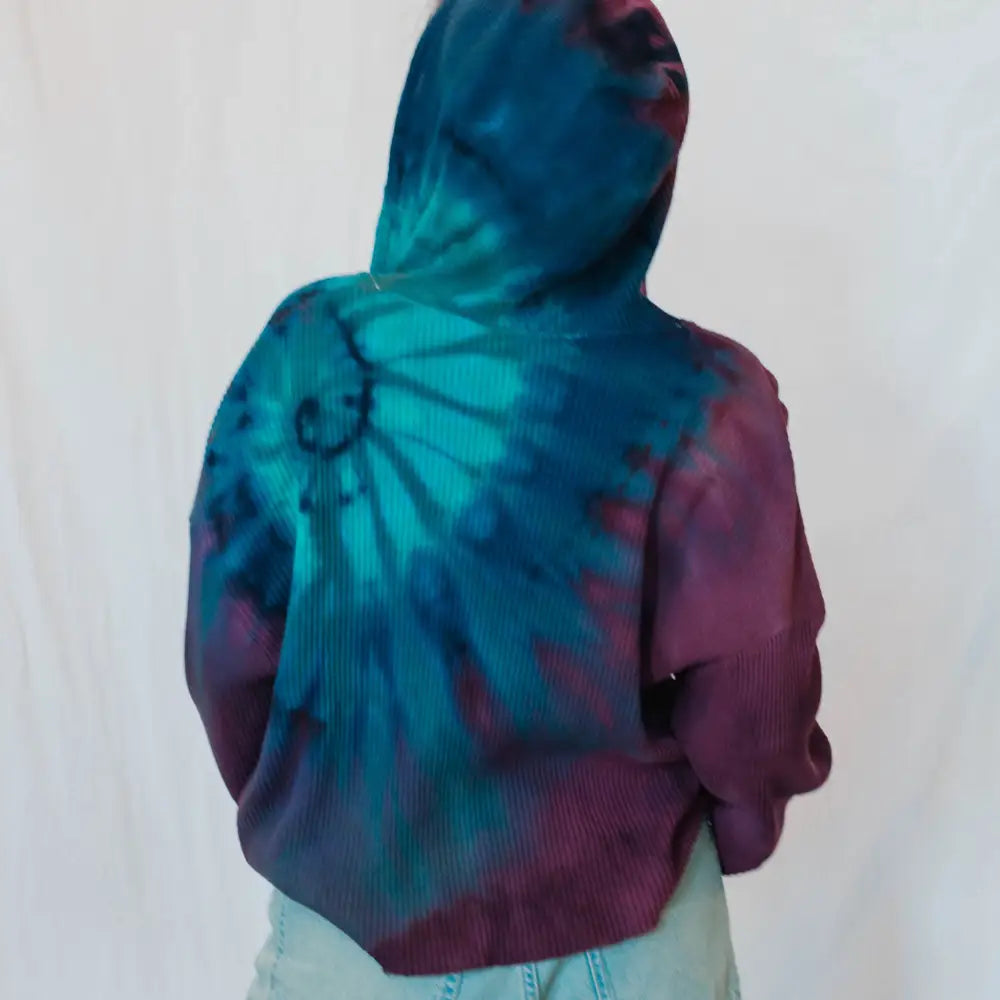 Turquoise and purple spiral tie-dyed Sophie pullover hoodie sweatshirt in waffle knit