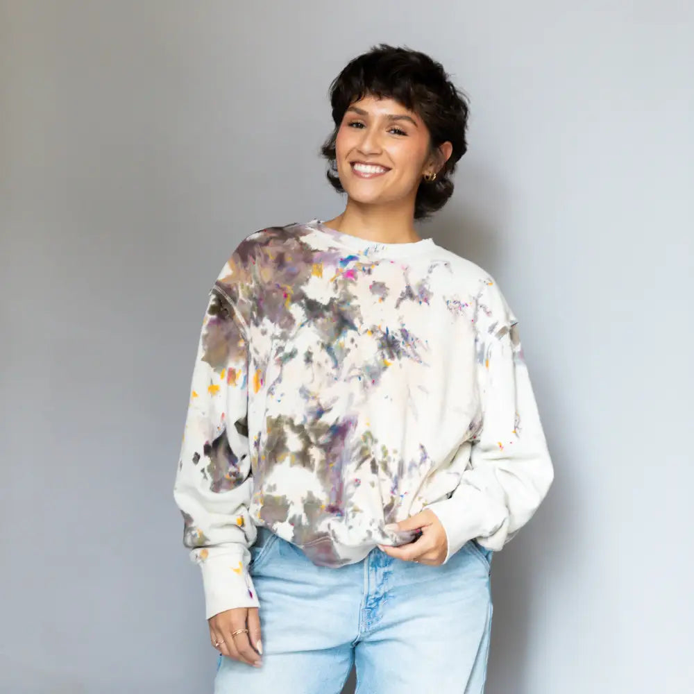 Tie-dyed Tammy Crew sweatshirt featuring purple, yellow, and gray splotches