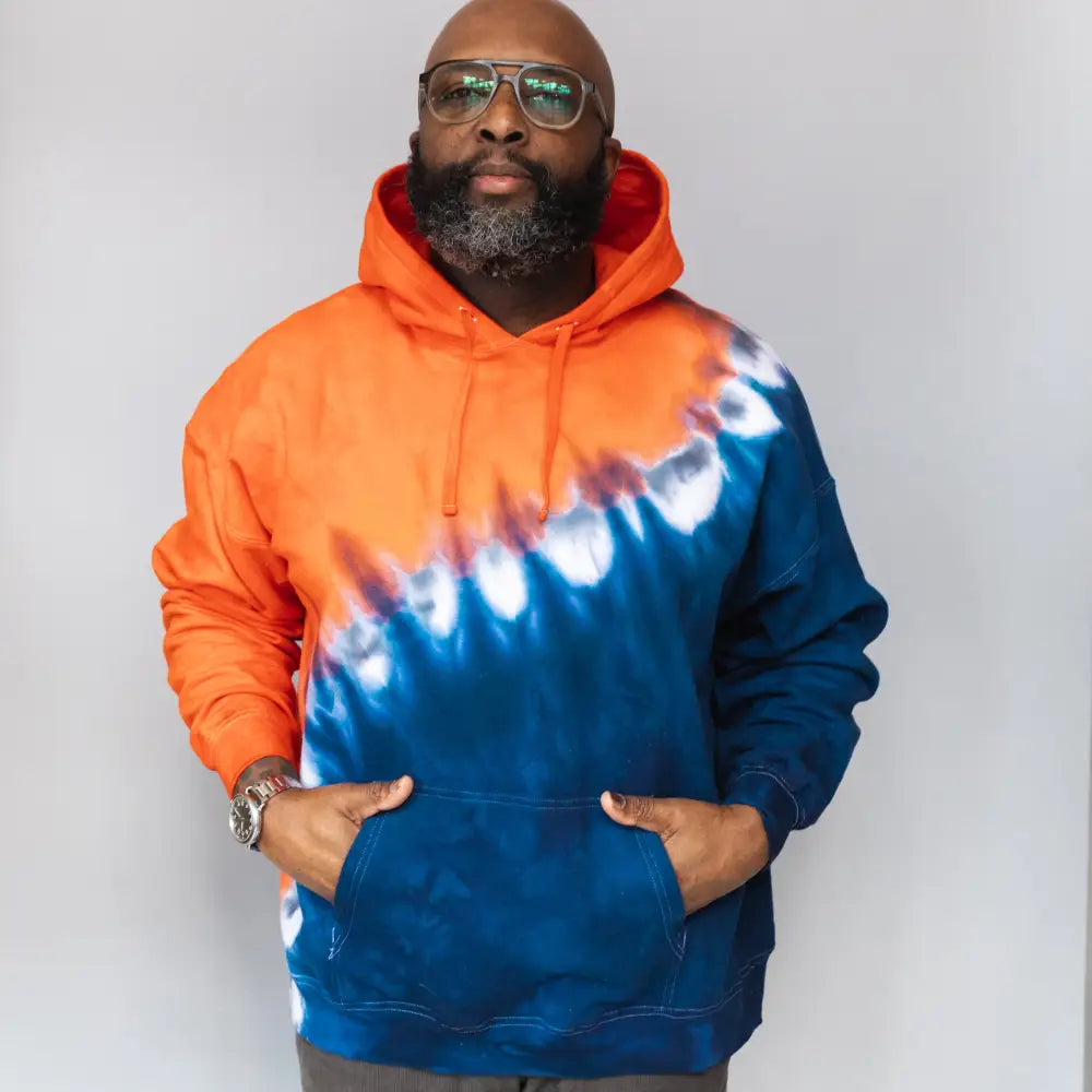 Orange and blue tie dye hoodie with diagonal pattern for Detroit Tigers fans