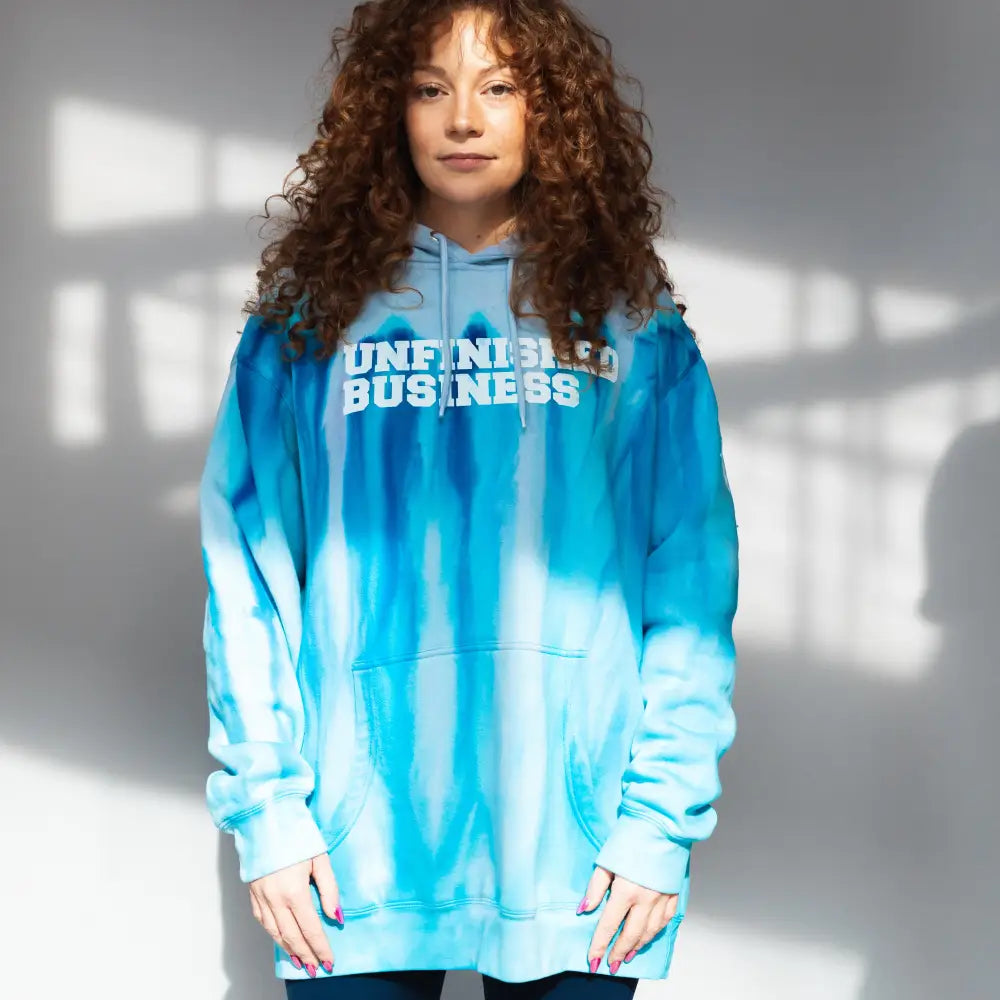 Blue tie dye hoodie sweatshirt with UNFINISHED BUSINESS text for Detroit Lions fans