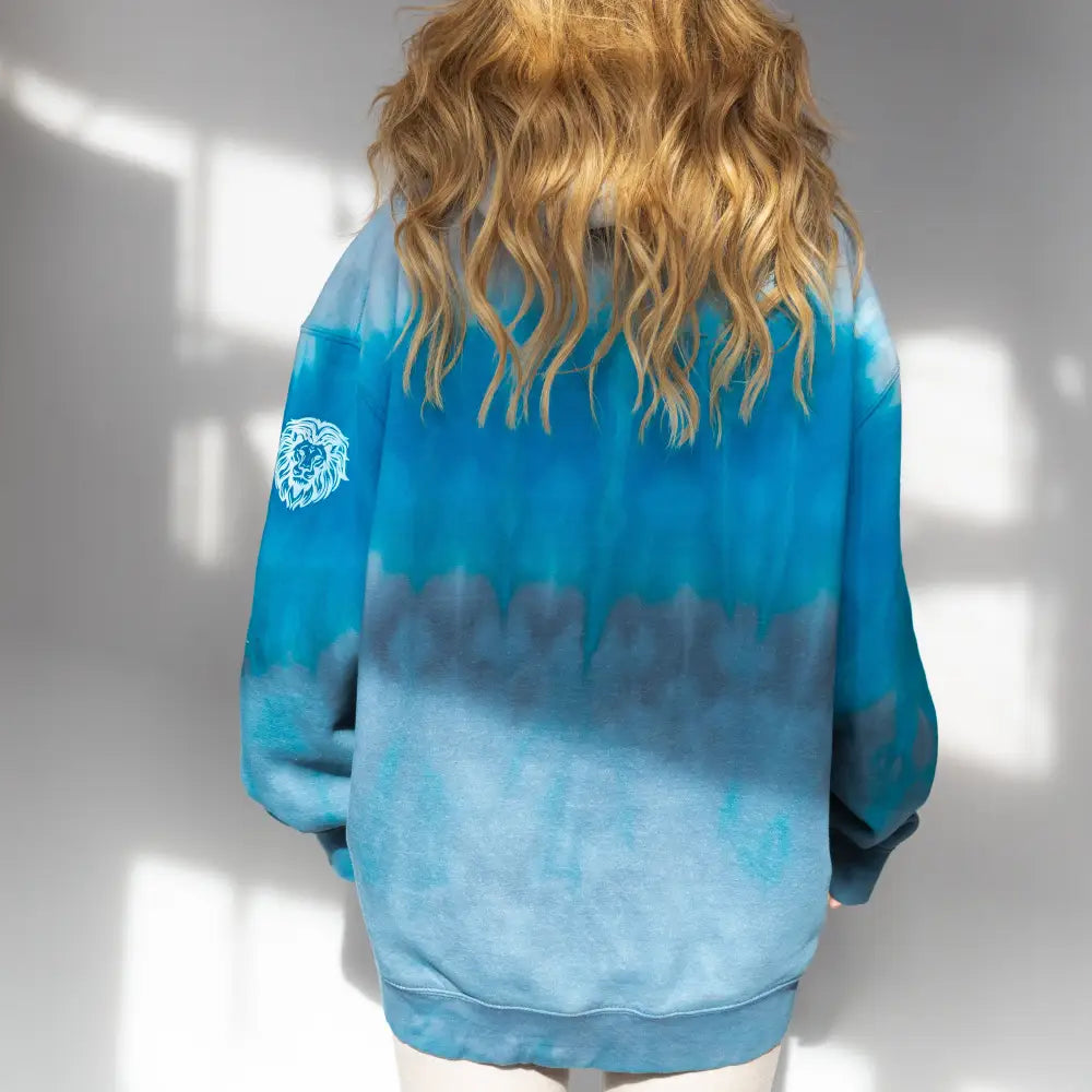 Tie dye blue sweatshirt featuring ombré gradient for Detroit Lions Unfinished Business Hoodie