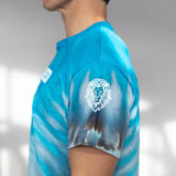 Bright blue tie dye t-shirt with Detroit Lions logo on sleeve, Unfinished Business design