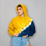 Yellow and navy blue tie dye cropped hoodie sweatshirt in U of M style for wearing comfort