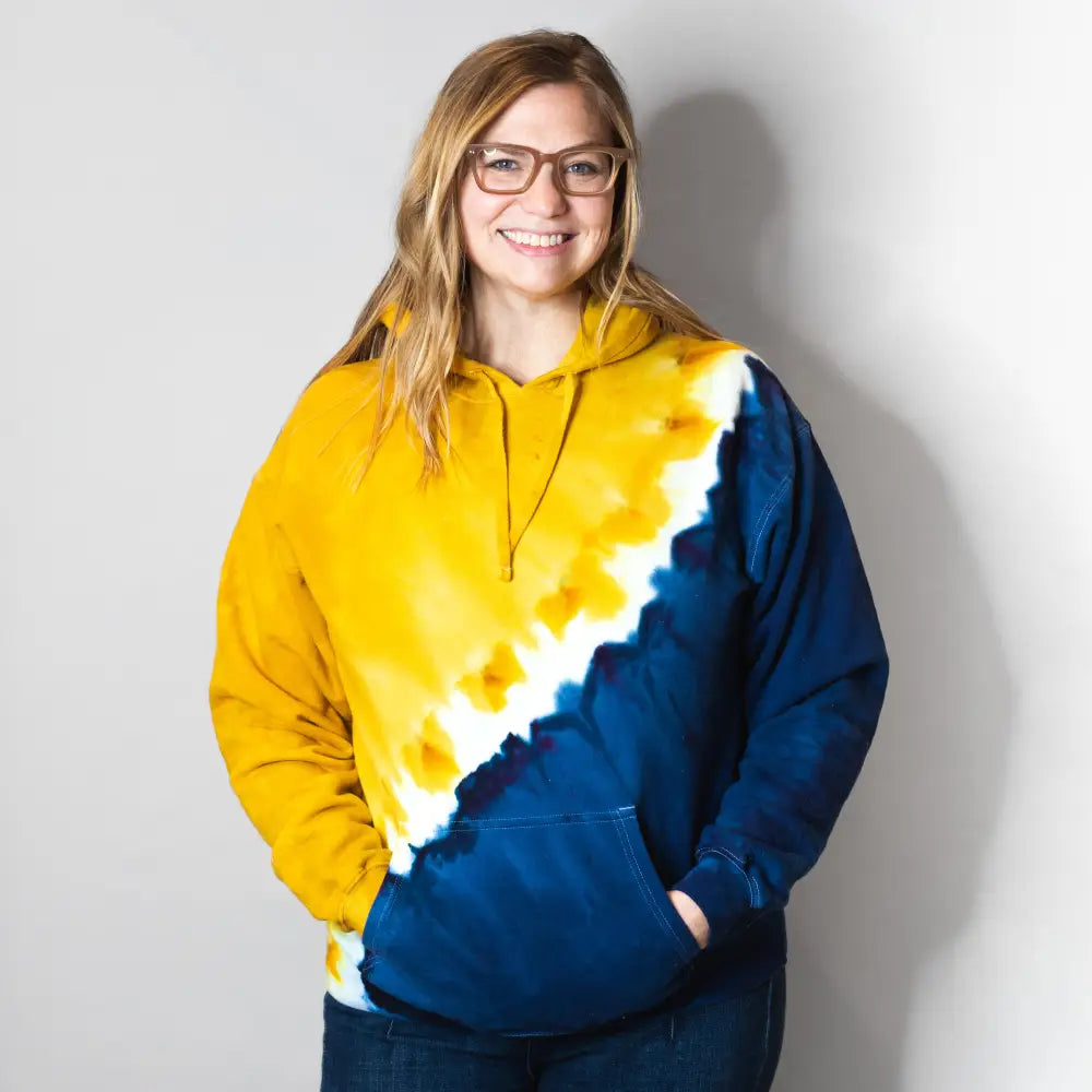 Yellow and navy blue tie dye hoodie sweatshirt in U of M design for stylish wearing