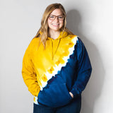 Yellow and navy blue tie dye hoodie sweatshirt in U of M design for stylish wearing