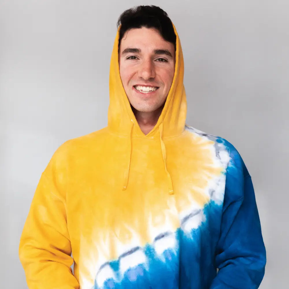 Yellow and blue tie dye U of M Hoodie with a diagonal dye pattern, perfect for wearing