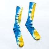 Bamboo rayon tie dye socks in blue and yellow colors for stylish clothing options