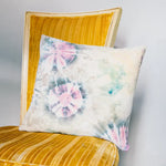 Tie-dyed Velvet Pillow with pink and blue circular patterns on white fabric