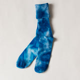 Color socks in varying blues.