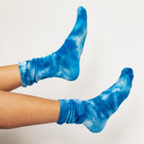 Color socks in varying blues.
