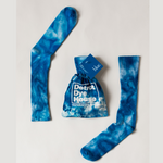 Color socks in varying blues with a matching bag.